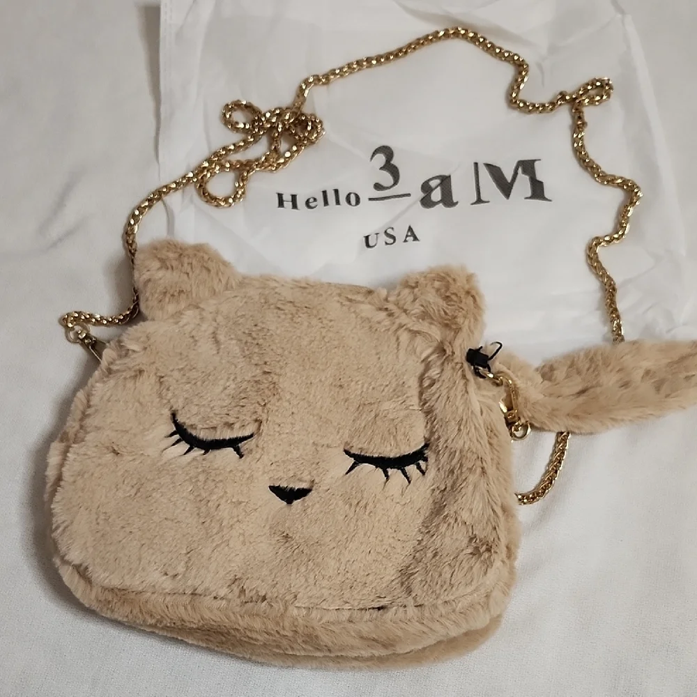 Hello 3am Forever Plush Sleepy Cat Crossbody Purse with Cat Pouch
